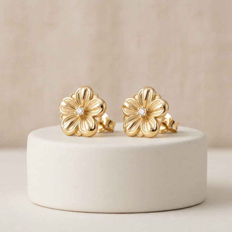 18K Hallmarked Lightweight Gold Bloom Floral Stud Earrings | Daily Wear Coimbatore