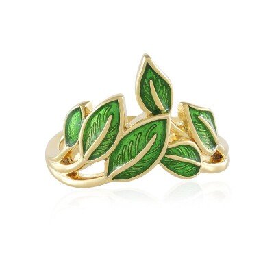 Gold Plated Silver Green Leaf Enamel Ring (925 GPS)